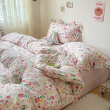 Flytonn-2025 Spring Bedding Set Cute Floral Duvet Cover Set Ins Korean Style with Flat Sheet Pillowcase No filler Washed Cotton Queen Double Home Bed Linens