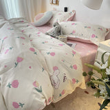 Flytonn-2025 Spring Bedding Set Ins Pink Tulip Bedding Set Floral Duvet Cover Flat Sheet with Pillowcases No Filling Single Queen Size Boys Girls Bed Linen