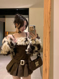 Flytonn-y2k outfits Autumn and Winter New Imitation Fur Leopard Pattern Fur Coat Waist Slimming Coffee Color Slip Dress Two Piece Set Women Outfits