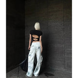 Flytonn-Women's White Cargo Jeans Y2k Vintage Cowboy Pants Harajuku High Waist Denim Trousers Fashion 90s Aesthetic 2000s Trashy Clothes