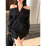 Flytonn-y2k outfits French Light Mature Style Waist Slim Halter Off Shoulder Sexy Dress Women Autumn New Drawstring Long Sleeve Shirt Short Dress