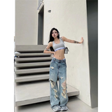 Flytonn-High Waist Ripped Women's Blue Jeans Hip-hop Style Fashion Vintage Streetwear Y2K Wide Leg Jean 2000s Trouser Baggy Denim Pants