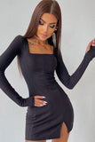 Flytonn-nye outfits French Style Square Neck Long Sleeve Split Bodycon Party Mini Dress - Black