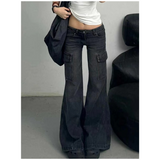 Flytonn-Black Womens Jeans High Waist Vintage Straight Winter Denim Pants Street Multiple Pockets American Wide Leg Baggy Denim Trouser