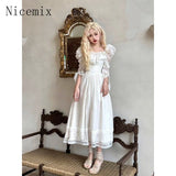 Flytonn-y2k outfits High end Luxury Birthday Princess Dress Summer Square Neck Short Sleeve Retro Lace Waist Slimming A-line Long Dress for Women