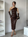 Flytonn Spring Fashion PU Leather Dress Women's With Gloves Slim Backless Irregular Elegant Party Long Dress Female Ruched Dress