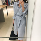 Flytonn-BACK TO SCHOOL OUTFIT Korean Style Striped Shirt Dress With Belt Women Autumn Dress Casual Long Sleeve Turn-Down Collar Knee Length Midi Dress Jurken