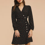 Flytonn-BACK TO SCHOOL OUTFIT Dresses For Women 2025 Elegant Chic Vintage Floral Print Mini Dress Autumn Long Sleeve V Neck Button Tie Waist Black Wrap Dress