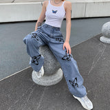 Flytonn-Women's High Waisted Jeans Butterfly Print Straight Wide Leg Denim Pants Baggy Loose Casual Trousers Streetwear