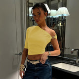 Flytonn Gold Ring Off Shoulder T shirt Female Solid Color Irregular Ruched Top Slim Sexy Navel Expose Tanks Hot Girl Y2K T shirt