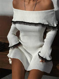 Flytonn Knit Off-Shoulder Sweater Mini Dress Women's Lace Patchwork Ribbed Slim Backless Elegant Party Dress Knitwear Dress New