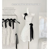 Flytonn-y2k outfits French Polka Dot Vintage Dress Summer New Chic Bow Sweet Hanging Neck Sleeveless Waist Slimming Short Suspender Dress for Women