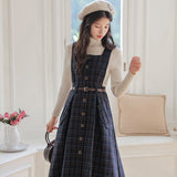 Flytonn-y2k outfits Autumn/Winter College Style Retro Checkered Wool Overalls Dress+High Neck Sweater Knit Base Shirt Two Piece Set Women Outfits