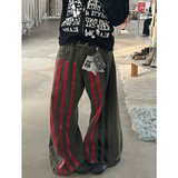 Flytonn-Autumn Women's Casual Retro Wide Leg Baggy Emo Denim Trouser Harajuku High Waist Loose Jeans Lady Green Striped Print Pants