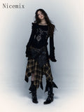 Flytonn-y2k outfits Autumn/Winter New Retro Rock Street Dark Punk Spliced Plaid Strapless Dress Spicy Girls High Waist A-line Short Skirt for Women