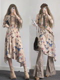 Flytonn-y2k outfits Retro Butterfly Printed Slanted Shoulder Long Sleeve Dress Spring New Fashion Slimming Irregular A-line Long Dress for Women