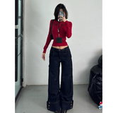 Flytonn-Blue Jeans Women Y2K Hip Hop Fashion Vintage High Waisted Cargo Jeans Streetwear Casual Loose Pockets Girl Wide Leg Denim Pants