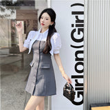 Flytonn-y2k outfits Summer Fashion High end Contrast Shirt Splicing Suit Dress for Women Single breasted Design Waist Slimming A-line Short Dress