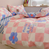 Flytonn-2025 Spring Bedding Set Pink Blue Duvet Cover Set with Flat Sheet Pillowcases No Filler Checkerboard Flower Ins Single Full Queen Size Girls Bedding Kit