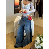 Flytonn-Y2K Blue Jeans Women Design Sense 90S Vintage High Waisted Jean Straight Trouser Streetwear Casual Loose Wide Leg Denim Pants