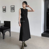 Flytonn-y2k outfits French Retro Summer Korean Fashion New Solid Color High Waist Slimming Long Dress Backless Round Neck Sleeveless Black Dresses