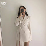 Flytonn-y2k outfits Black Suit Jacket Women Tops Autumn New Korean Commuting Mid Length Suit Dress Waist Slimming Lace up Blazers Women Clothing