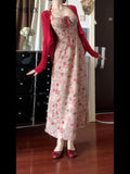 Flytonn-y2k outfits Sweet Dress Set French Vintage Floral Slim Slip Dress for Women Summer New Lace up Red Cardigan Two Piece Set Women Outfits