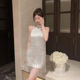 Flytonn-y2k outfits Elegant Socialite High-end Sequin Tassel Birthday Party Dress French Style Sleeveless Halter Slim Short Sexy Dress for Women