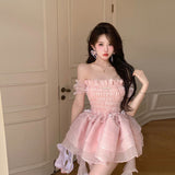 Flytonn-y2k outfits Party Birthday Dress for Women Summer Pink Strapless One Shoulder Sweet Girl High Waist Slimming Fluffy Cake Short Mini Dress