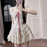 Flytonn-y2k outfits Summer Rose Countryside Style Waist Slimming Fragmented Flower Dress French Lace Sweet Princess A-line Short Dresses for Women