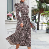 Flytonn-Black Friday Sale - Fashionable Women's High Neck Long Sleeve Printed Midi Dress