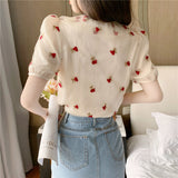 Flytonn-back to school outfits Puff Sleeve Rose Pattern Office Blouse Shirt-spring outfits