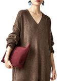 Flytonn-Black Friday Sale - Stylish Long Sleeves Loose Solid Color V-Neck Sweater Dresses