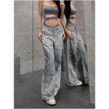 Flytonn-Female High Street Retro High Waist Trashy Jeans Y2K Baggy American 2000s Denim Trouser Women's Washed Vintage Casual Pants