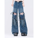 Flytonn-Women Retro Blue Pants Baggy Vintage Y2k Harajuku 90s Aesthetic Pants Hollow Out High Waist Wide Leg Trouser 2000s Clothes 2024