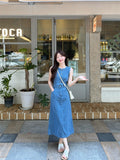 Flytonn-y2k outfits Summer New Vacation Style Vertical Stripe Mid Length Sleeveless Dress Retro Elegant Waist Slimming A-line Long Dress for Women