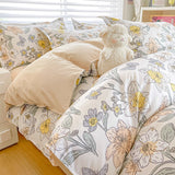 Flytonn-2025 Spring Bedding Set Cream Floral Bedding Set No Filler Breathable Green Ins Double Queen Size Comforter Duvet Cover Flat Sheet Pillowcase Bed Linens