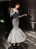 Flytonn-y2k outfits Fashion Sequin Sexy Evening Dresses for Women Autumn and Winter Long Sleeve High-end Waist Slim Wrap Hip Fishtail Maxi Dress