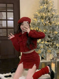 Flytonn-y2k outfits New Year's Robe Red Skirt Set Autumn/Winter Christmas Dress Up High End Sweet Short Coat Mini Skirt Two Piece Set Women Outfits