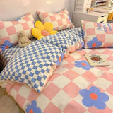 Flytonn-2025 Spring Bedding Set Pink Blue Duvet Cover Set with Flat Sheet Pillowcases No Filler Checkerboard Flower Ins Single Full Queen Size Girls Bedding Kit