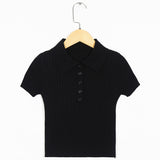 Flytonn-BACK TO SCHOOL OUTFIT T Shirt Woman Ribbed Knit Crop Top Streetwear Front Button V Neck Short Sleeve Summer Tshirt Tops Women 2020 Clothes T-Shirt