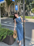 Flytonn-y2k outfits Summer New Vacation Style Vertical Stripe Mid Length Sleeveless Dress Retro Elegant Waist Slimming A-line Long Dress for Women