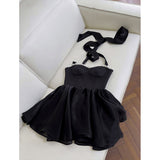 Flytonn-y2k outfits French High end Halter Neck Pearl Strapless Dress for Women Summer Retro Hepburn Style Socialite A-line Short Black Dresses