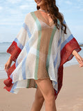 Flytonn-Winter Outfits Christmas Thanksgiving Gift New Year's Eve Outwear Batwing Sleeves Loose Hollow Striped Sun Protection V-Neck Beach Cover-Up