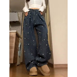 Flytonn-Women Pearls Jeans Harajuku Y2k 90s Aesthetic Vintage Baggy Denim Trousers 2000s High Waist Wide Jean Pants Trashy Clothes 2024