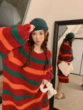 Flytonn-y2k outfits Christmas Colorful Striped Knitted Sweater Dress for Women Autumn/Winter New Lazy Style Round Neck Loose Casual Maxi Dresses