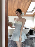 Flytonn-y2k outfits Sweet Striped Strapless Dress for Women Summer Bow Tie Backless Waist Slimming A-line Elegant Short Dress Summer Women Clothing