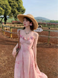 Flytonn-y2k outfits French Sweet Countryside Style Gentle 3D Rose Fold Design Printed Long Dresses Summer High Waist Slim Suspended Dress for Women