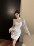 Flytonn-Sweet Hot Girl Pure Sexy Stand Collar Lace Slim Fit Dress for Women's Autumn Hollow Rhinestone Strapless Hip Wrap Fashion Dress