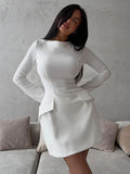 Flytonn Elegant Slim Long Sleeve Dress Women's High Waist Office Lady Mini Dress Solid Holiday Party Dress Autumn Winter Fashion